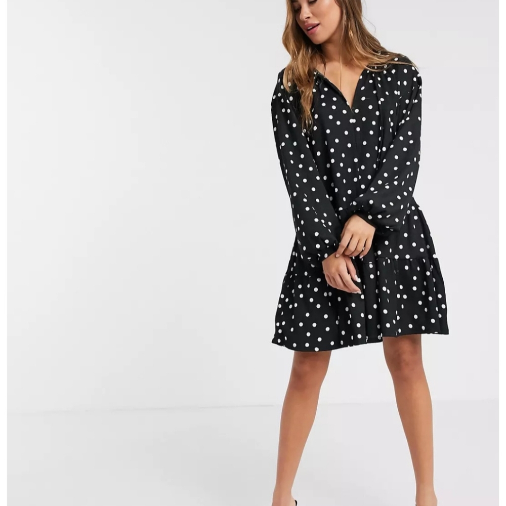 Mango Tiered Polka Dot Jersey Smock Dress in  Black - Picture 8 of 8